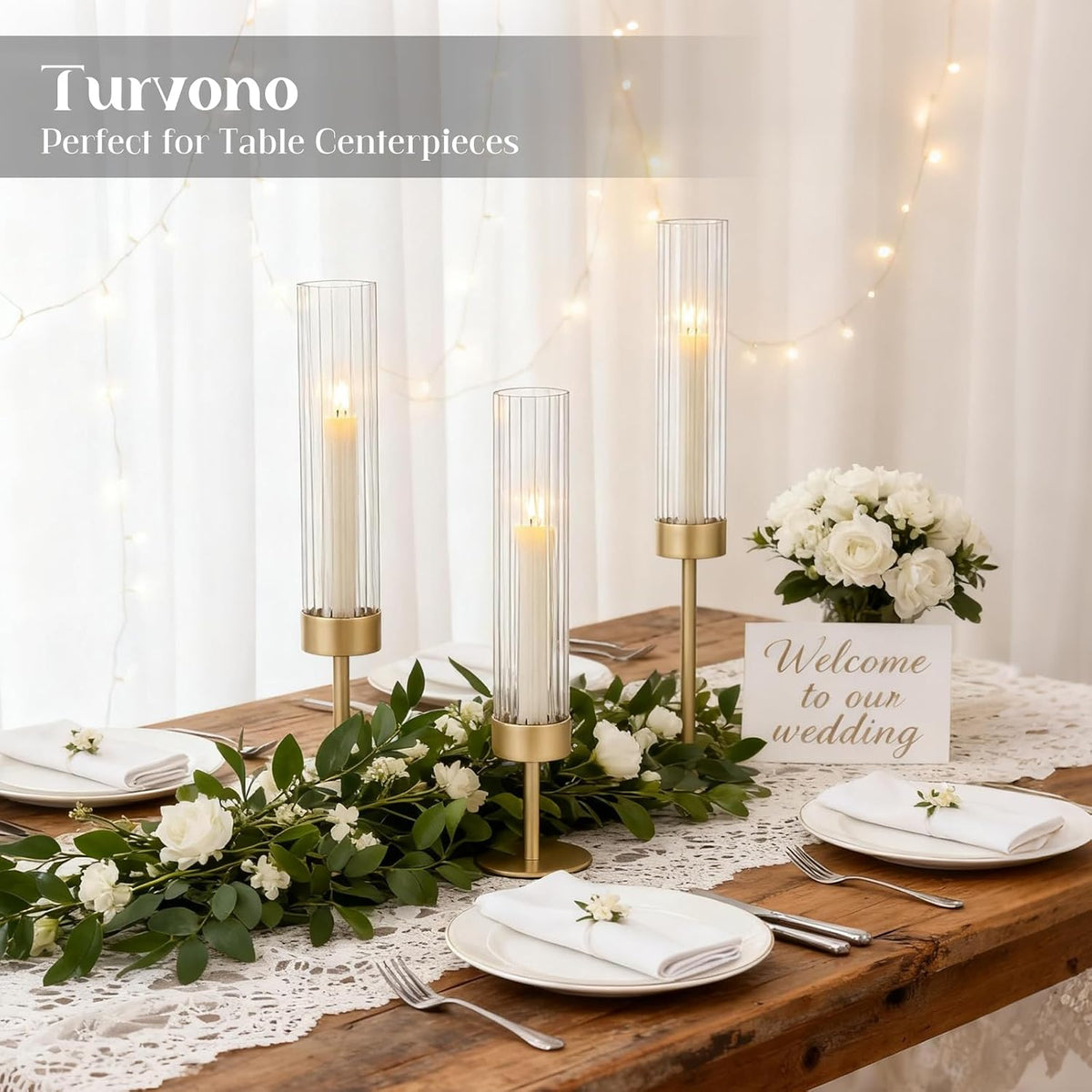 Fluted Glass Hurricane Candle Holders, Set of Three