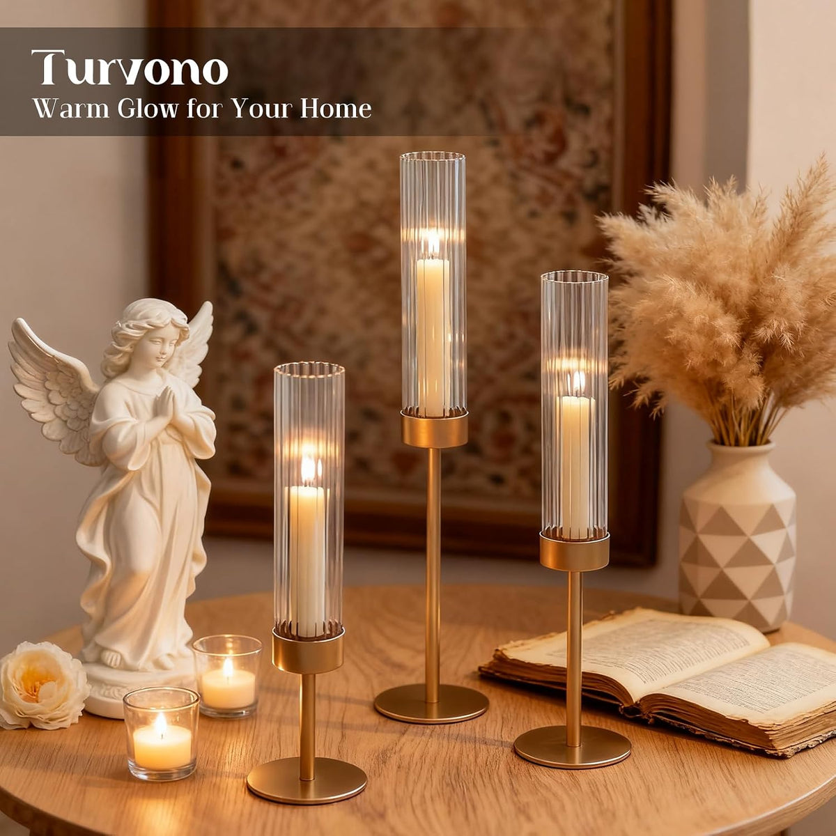 Fluted Glass Hurricane Candle Holders, Set of Three