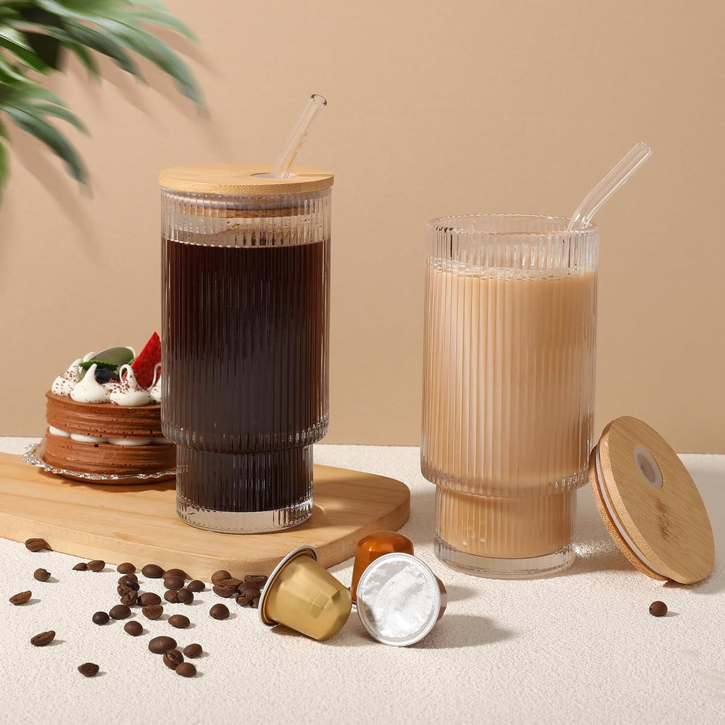 Ribbed Glass Cups with Bamboo Lids, Pair