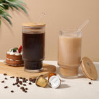 Ribbed Glass Cups with Bamboo Lids, Pair
