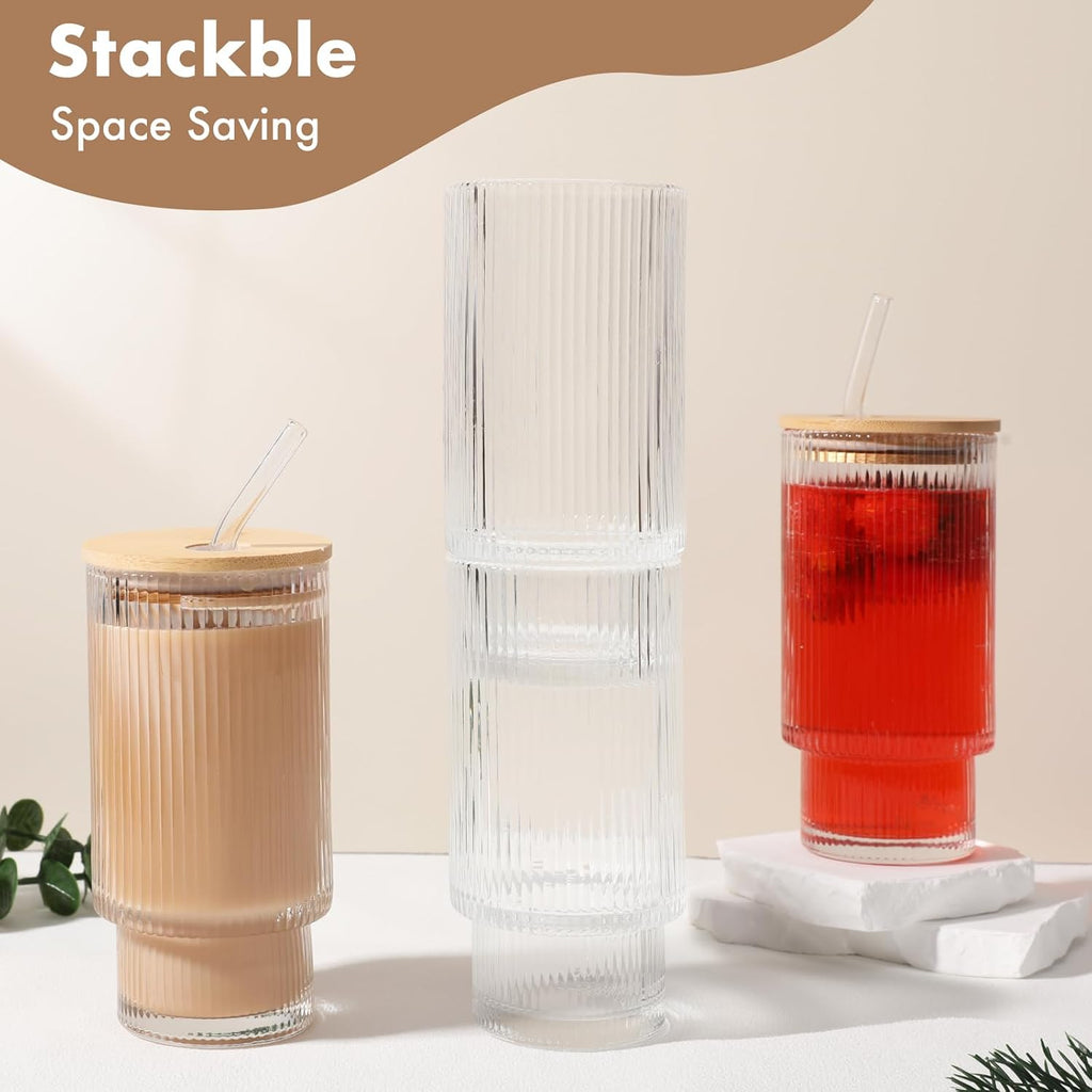 Ribbed Glass Cups with Bamboo Lids, Pair