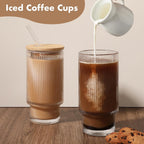 Ribbed Glass Cups with Bamboo Lids, Pair