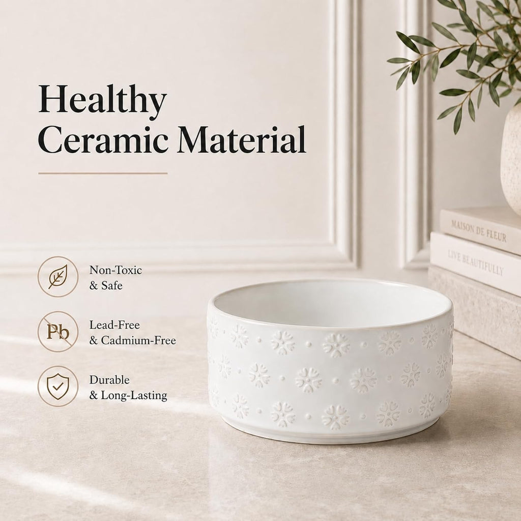 Raised Stoneware Pet Bowls, Acacia Stand