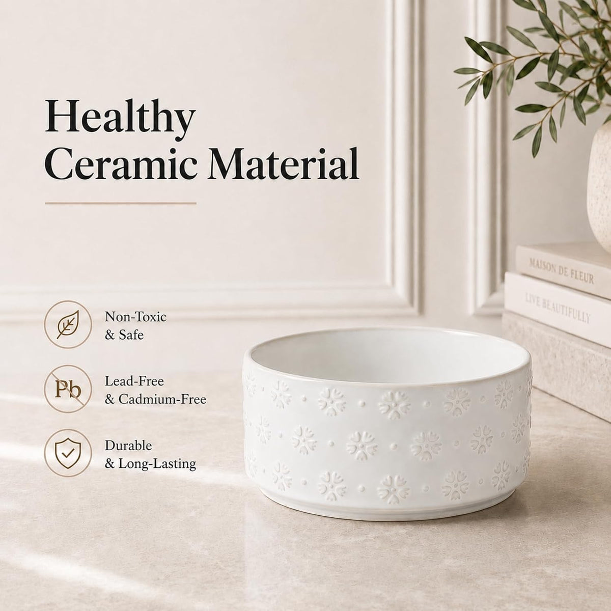 Raised Stoneware Pet Bowls, Acacia Stand