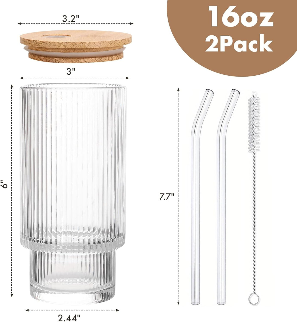 Ribbed Glass Cups with Bamboo Lids, Pair