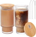 Ribbed Glass Cups with Bamboo Lids, Pair