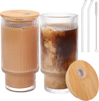 Ribbed Glass Cups with Bamboo Lids, Pair
