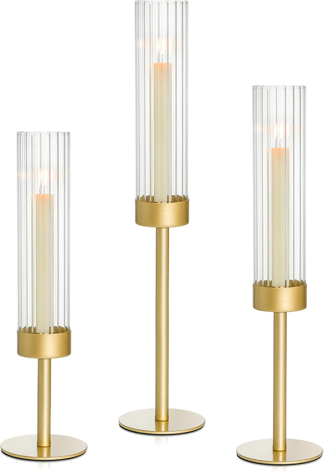 Fluted Glass Hurricane Candle Holders, Set of Three