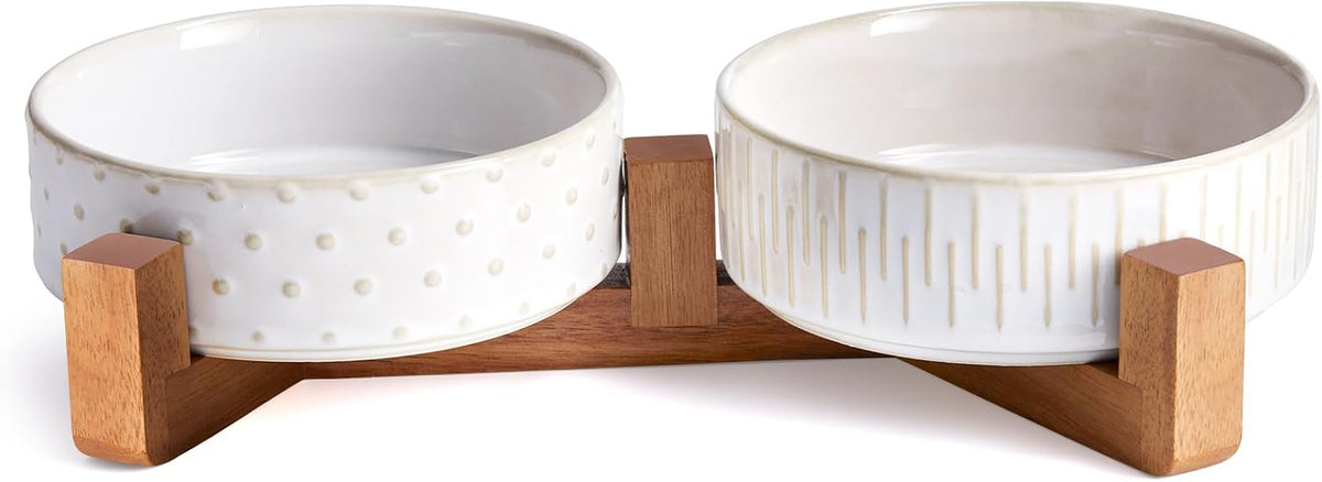 Ceramic Pet Bowls on Acacia Stand