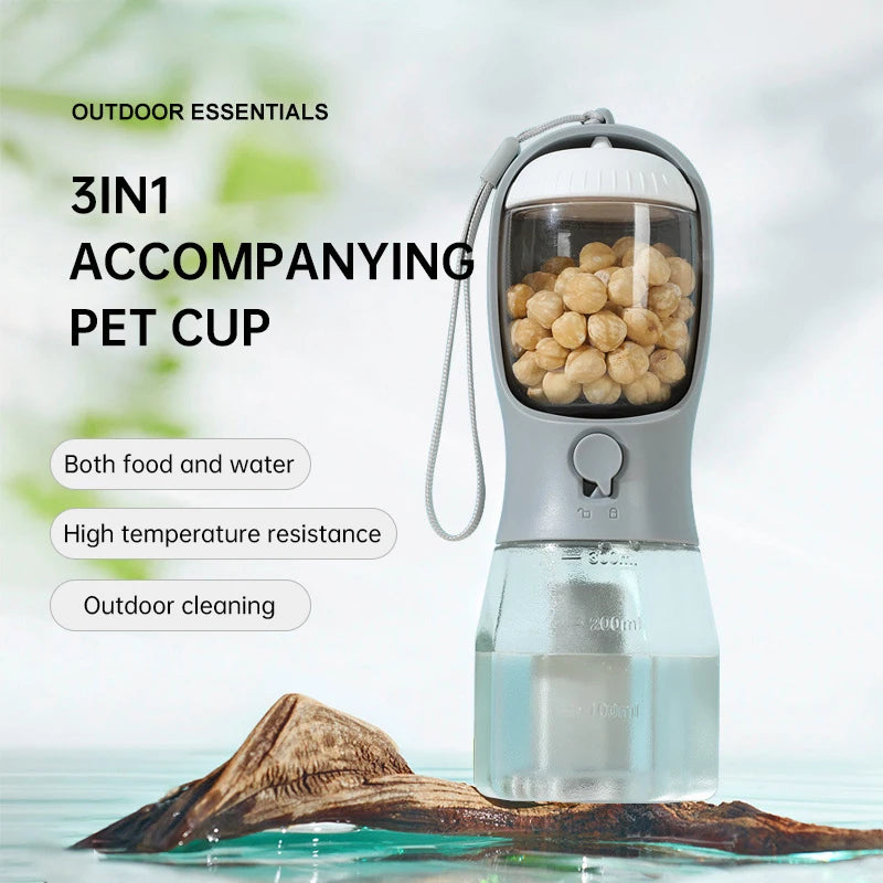 3-in-1 portable dog water bottle with food container and poop bag dispenser