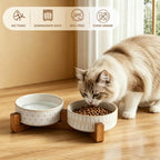 Ceramic Pet Bowls on Acacia Stand