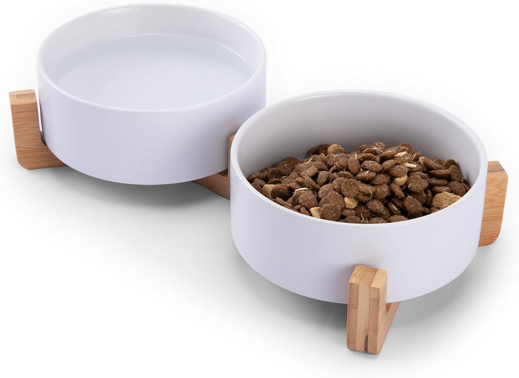 White Ceramic Pet Bowls with Wood Stand
