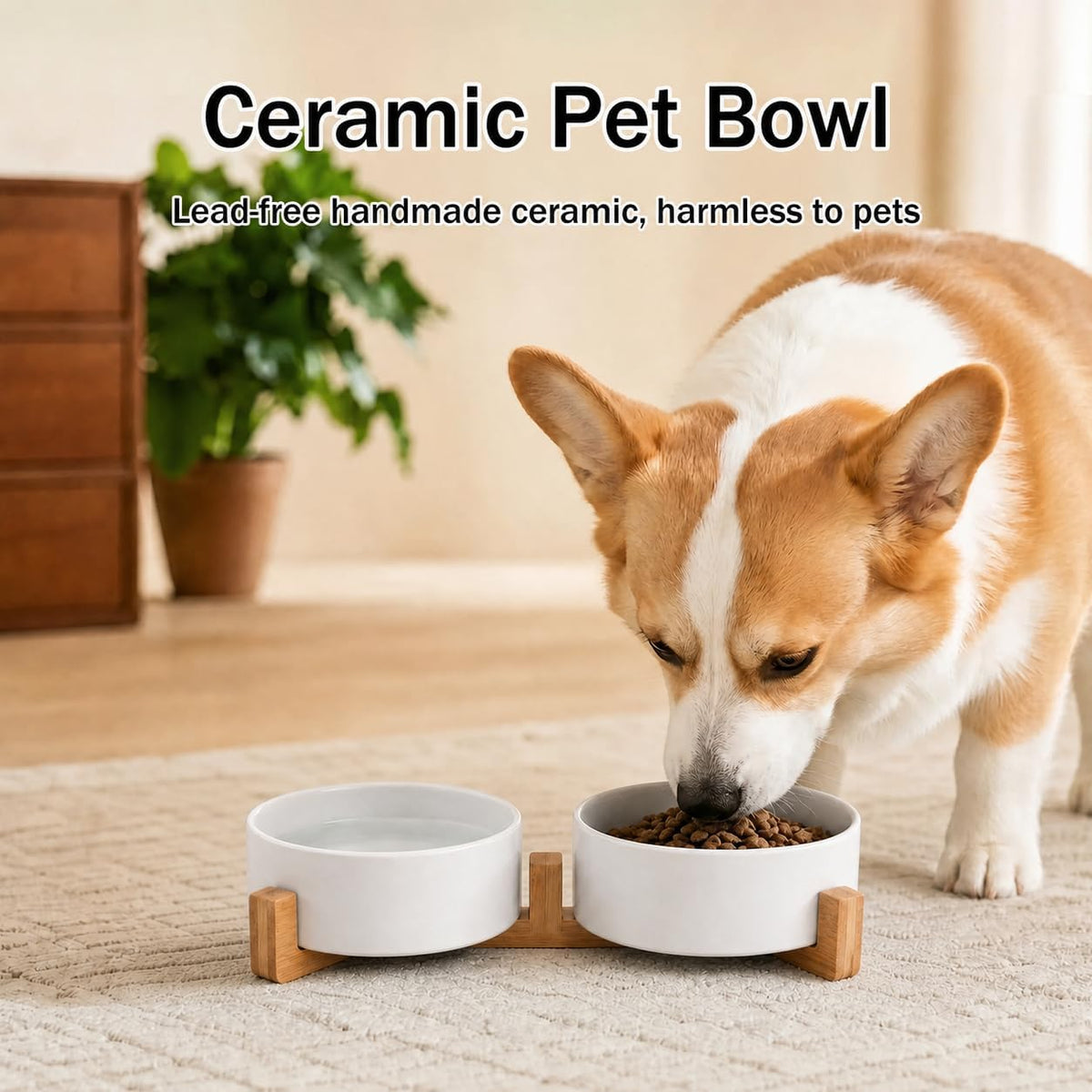 White Ceramic Pet Bowls with Wood Stand