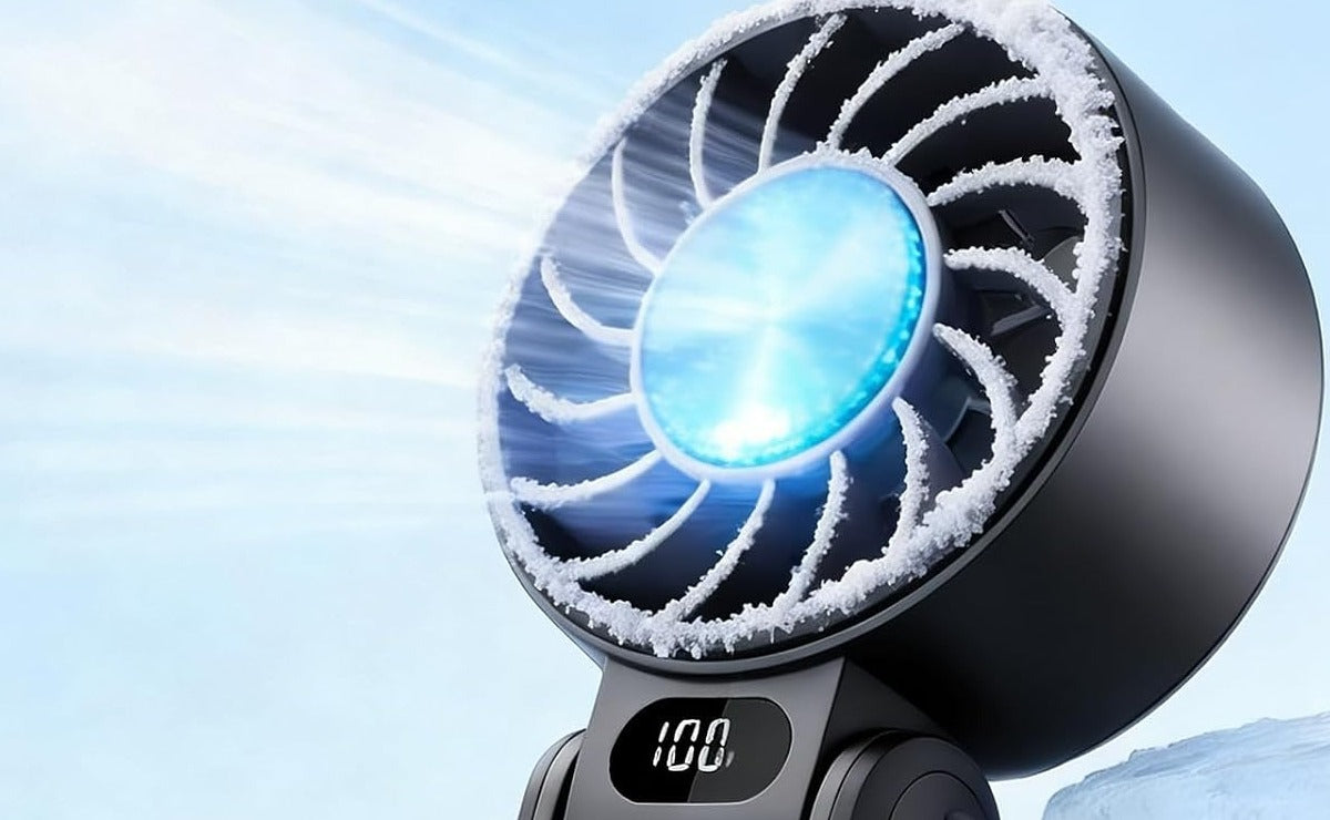 Black fan with chilled contact plate, close view