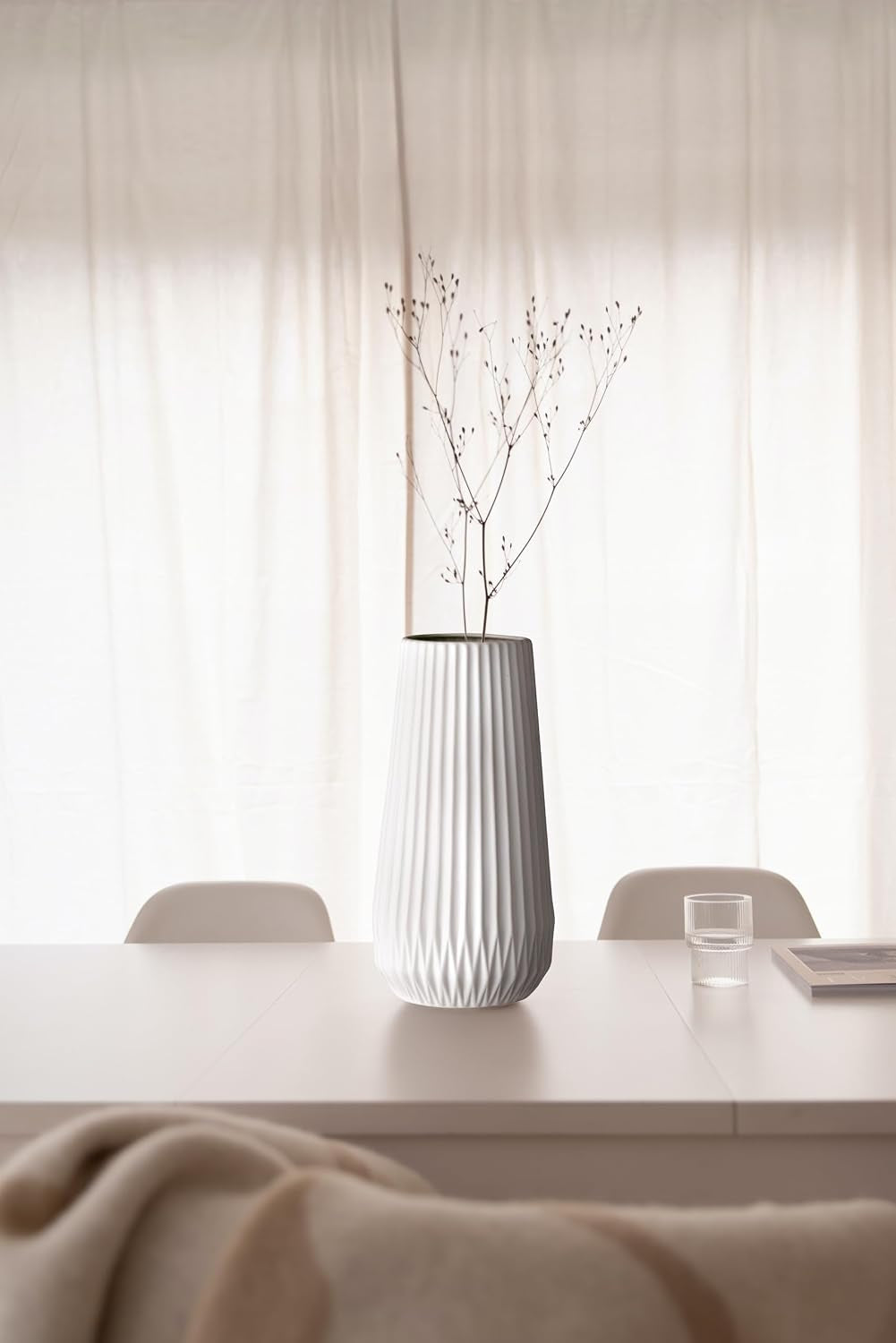 Tall Fluted Ceramic Vase, White